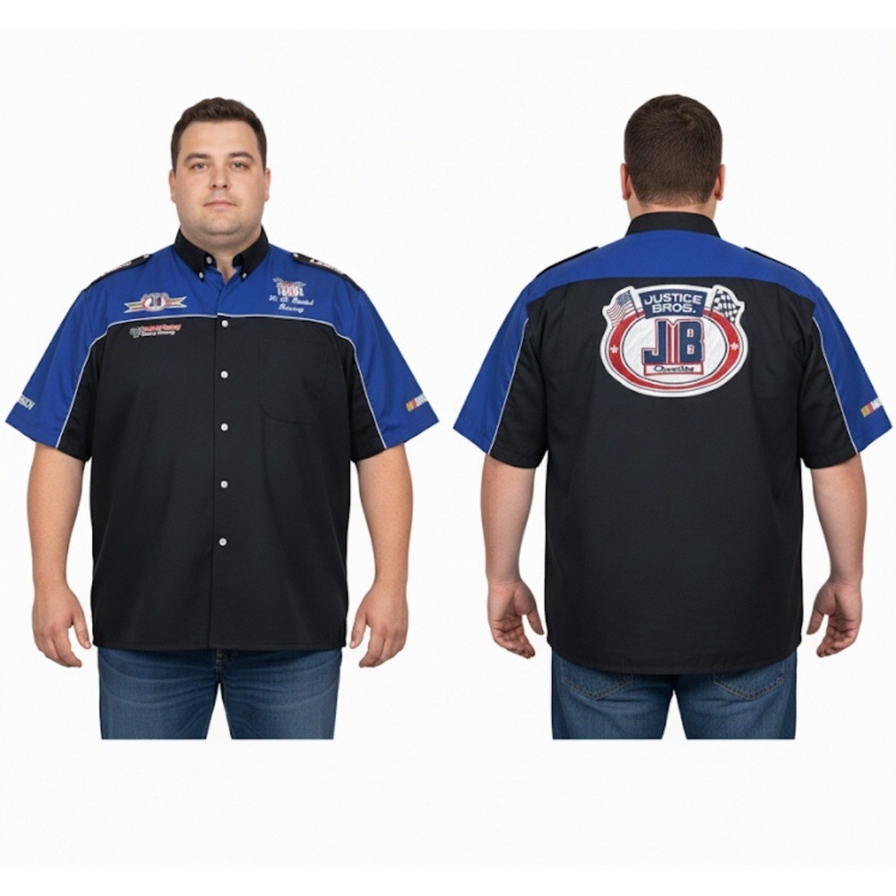 Vtg Speed Zone Justice Bros Nascar Race Button Shirt Blue Black Sz 2XL Patches